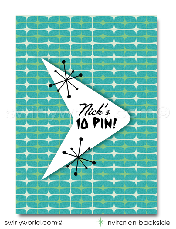 Bowl your guests over with our "10 Pin" Atomic Retro 1950s Bowling Alley Birthday Party Invitation Set! Featuring starbursts, sputniks, and boomerang shapes in green and blue. Includes customizable invites, thank you cards, and envelopes. Perfect for a Mid-Century Modern bowling party. Download & personalize instantly!