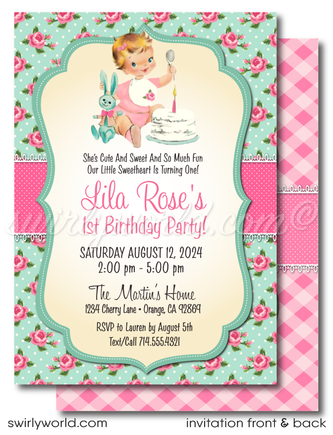 Designed for those with a fondness for the quaint and heartfelt aesthetics of the 1940s-50s, this invitation suite is a beautiful nod to retro, kitschy vintage designs. It features a tender illustration of a baby girl holding a bunny, set against the backdrop of a birthday cake adorned with a single candle, and complemented by a sweet retro baby lamb graphic, adding layers of charm and whimsy to the celebration.