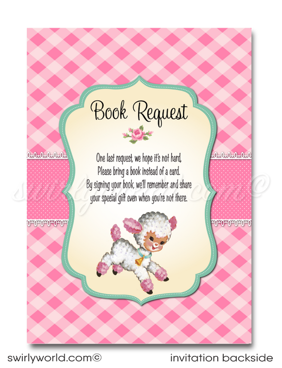 Designed for those with a fondness for the quaint and heartfelt aesthetics of the 1940s-50s, this invitation suite is a beautiful nod to retro, kitschy vintage designs. It features a tender illustration of a baby girl holding a bunny, set against the backdrop of a birthday cake adorned with a single candle, and complemented by a sweet retro baby lamb graphic, adding layers of charm and whimsy to the celebration.