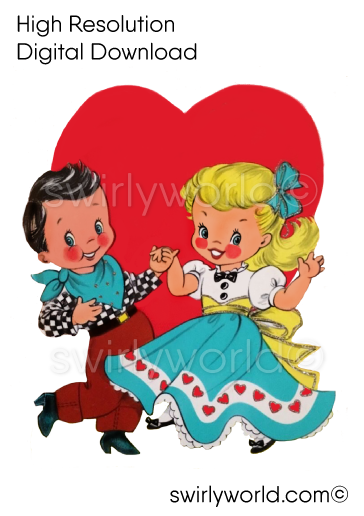 Rare collection of retro mid-century vintage Country Western Squaredancers Valentine's Day images featuring kitschy illustrations of cute couples with hearts and retro atomic starbursts.