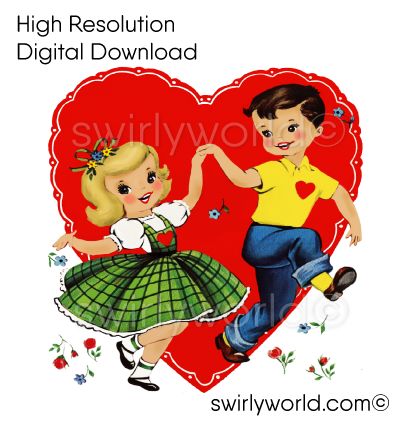 Rare drawing of retro mid-century vintage Valentine's Day images featuring kitschy illustrations of cute couples with hearts and retro atomic starbursts.