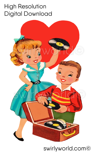 Rare drawing of retro mid-century vintage Valentine's Day images featuring kitschy illustrations of cute couples with hearts, vinyl records, and retro atomic starbursts.