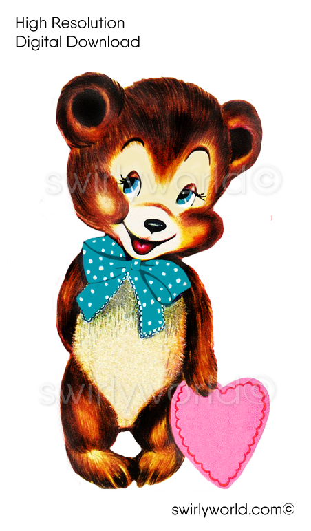 1950s mid-century vintage Teddy Bear holding a pink heart Valentine's Day images for digital download. Cute and kitschy retro very RARE Valentine illustrations that have been digitally restored.