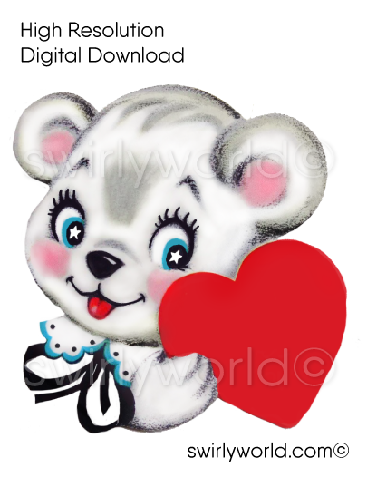 1950s-1960s mid-century vintage White Bear with Red Heart Valentine's Day images for digital download. Cute and kitschy retro very RARE Valentine illustrations that have been digitally restored.
