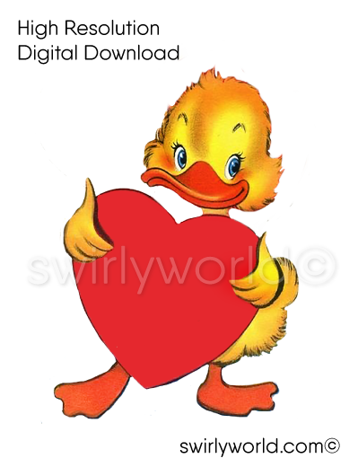 1950s-1960s mid-century vintage Duckling with Heart Valentine's Day images for digital download. Cute and kitschy retro very RARE Valentine illustrations that have been digitally restored.