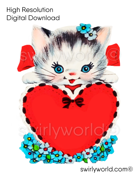 1950s-1960s mid-century vintage Kitten with Red Heart Valentine's Day images for digital download. Cute and kitschy retro very RARE Valentine illustrations that have been digitally restored.
