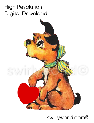1950s-1960s mid-century vintage Puppy Dog with Red Heart Valentine's Day images for digital download. Cute and kitschy retro very RARE Valentine illustrations that have been digitally restored.