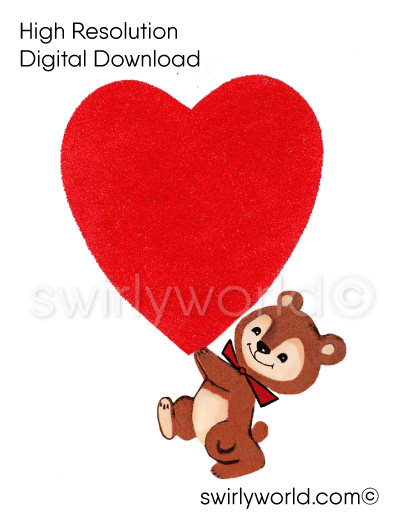 1950s-1960s mid-century vintage Teddy Bear Holding Up Large Red Heart Valentine's Day images for digital download. Cute and kitschy retro very RARE Valentine illustrations that have been digitally restored.