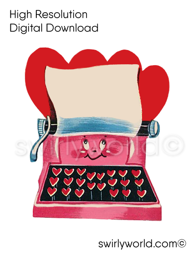 1950s-1960s mid-century vintage Pink Typewriter Valentine's Day images for digital download. Cute and kitschy retro very RARE Valentine illustrations that have been digitally restored.