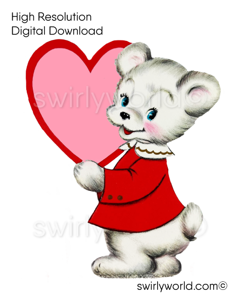 1950s-1960s mid-century vintage White Teddy Bear with Red Heart Valentine's Day images for digital download. Cute and kitschy retro very RARE Valentine illustrations that have been digitally restored.