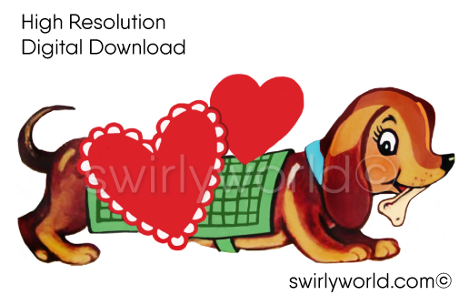 1950s-1960s mid-century vintage Wiener Dog Dachshund Puppy Valentine's Day images for digital download. Cute and kitschy retro very RARE Valentine illustrations that have been digitally restored.