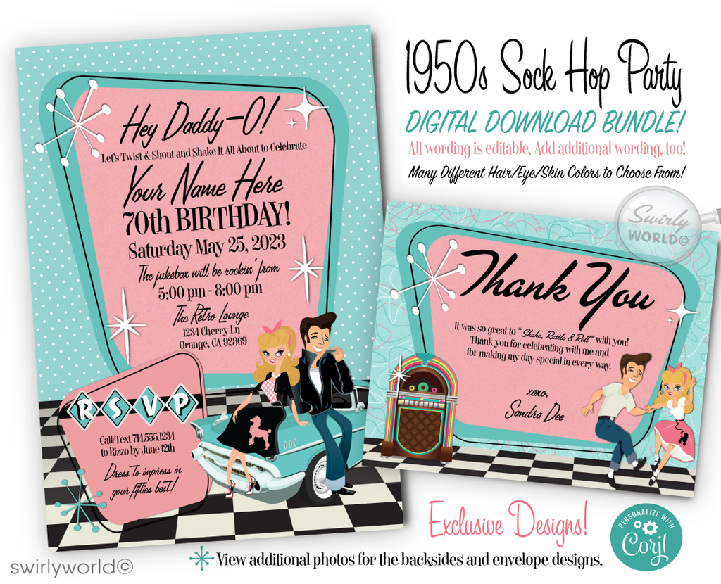 Dive into the 1950s with our exclusive "Grease" Pink Ladies inspired Rockabilly Birthday Party digital invitation set. The centerpiece of the design features a fashionably retro couple that perfectly captures the vintage allure of the 1950s. The lady steals the show with her adorable poodle skirt and saddle shoes, styled hair echoing the classic 1950s look, while the gentleman compliments her with a black leather jacket, cuffed 50s-style blue jeans, and a neat pompadour.