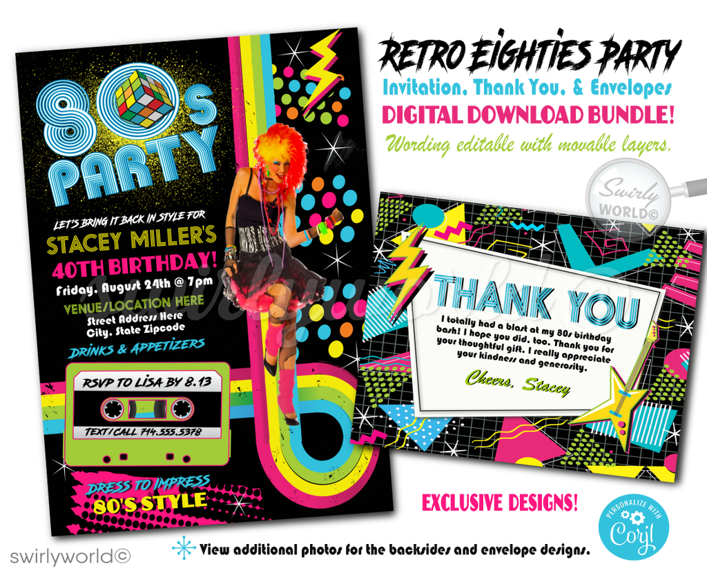 Invite friends and family to your 1980s themed event with this retro, "totally rad" design. Complete with digital invitations, thank you cards, and envelope design, these Gen X Eighties Dance Party Invitations are perfect for a 50th birthday celebration. Get ready to flashback to the '80s!