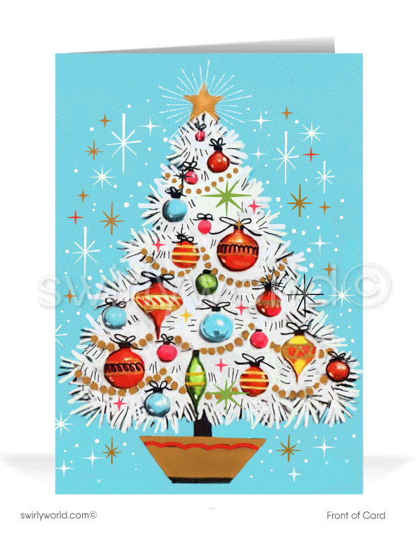 Atomic retro mid-century modern vintage 1950s-1960s white blue and pink Christmas tree printed holiday cards.