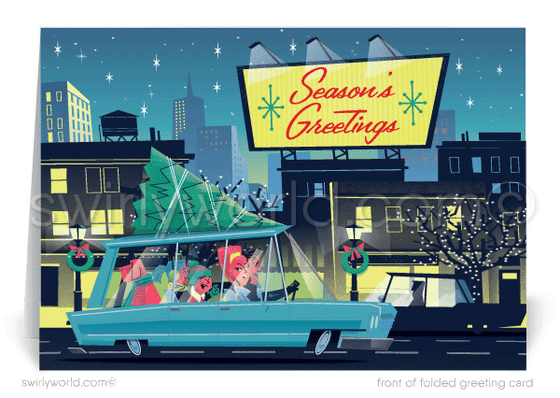 Retro Atomic Mid-Centtury Modern Vintage Style Christmas Holiday Greeting Cards. 1950's station wagon with Christmas tree strapped on top of car