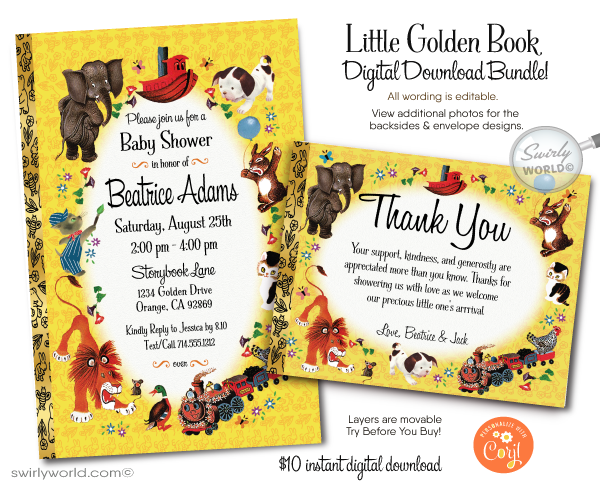 Digital Vintage Style Little Golden Book Characters Bookmark for Baby Shower Favors