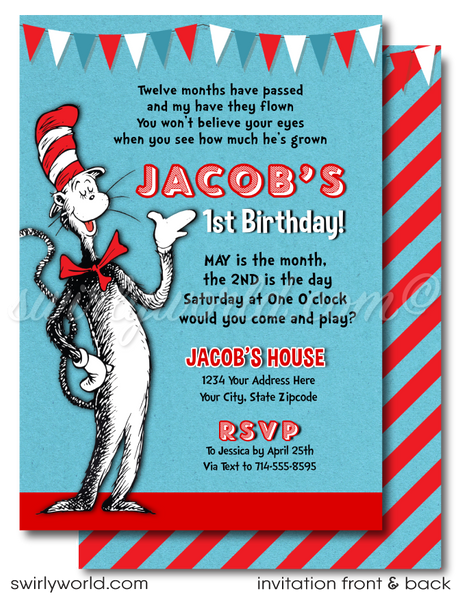 Cat in the Hat Dr Seuss First 1st Birthday Party Invitation Digital Download for Girl or Boy