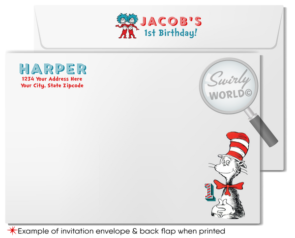 Cat in the Hat cat-in-the-hat-1st-birthday-invitation-set-dr-seuss-theme-printed-swirly-world-design
