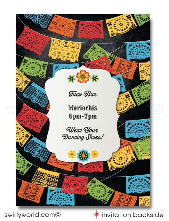 Immerse your guests in the vibrancy and rhythm of Mexico with our Mexican Fiesta "Papel Picado" Paper Flags Invitation and Thank You Card digital download set, featuring a stunning Señorita dancer in a flowing red dress and a Mariachi serenading with his horn. This captivating design encapsulates the soulful heart of Mexican celebrations, inviting your guests to a birthday fiesta filled with color, music, and dance.