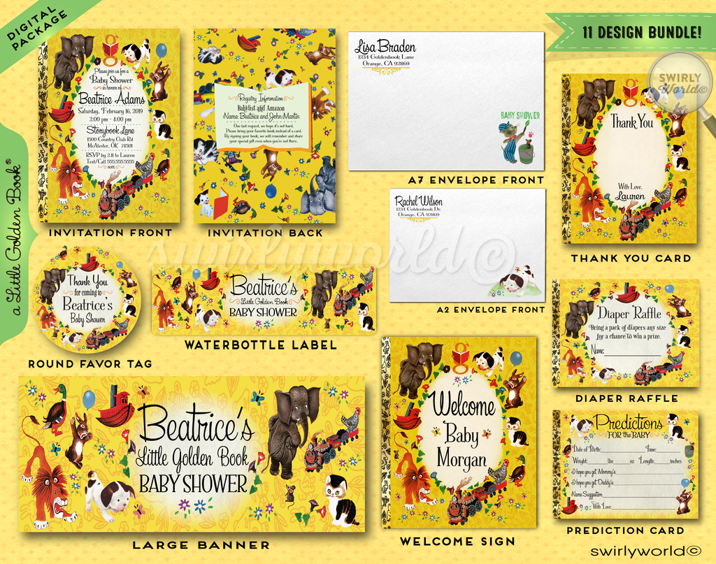 Digital Vintage Style Little Golden Book Characters Bookmark for Baby Shower Favors
