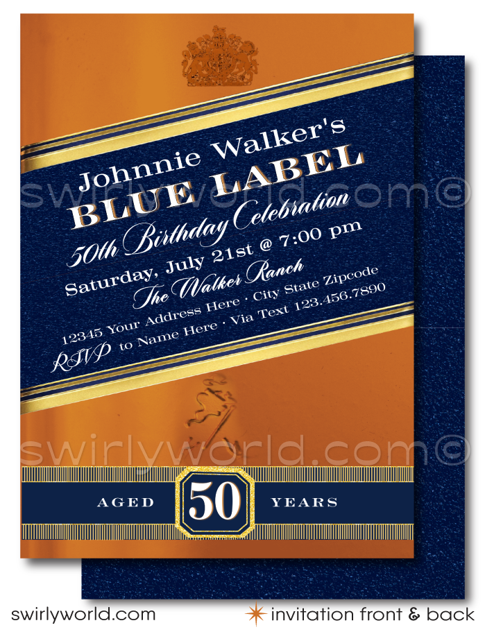 Celebrate in style with our Johnnie Walker Blue Label Whiskey Bottle Design printed invitation and thank you card set, tailored for the whiskey aficionado marking a milestone birthday. Whether it's a landmark 21st, a fabulous 40th, the big 5-0, or any year beyond, this whiskey-inspired invitation design pours sophistication into your liquor-themed birthday bash.