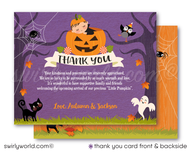 Little Pumpkin Halloween Autumn Fall Baby Shower Invite and thank you card Digital Download