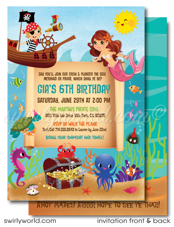 Mermaid and Pirate boy and girl "under the sea" swim aquarium ocean beach summer party invitations; digital invitation, thank yous, & envelope design.