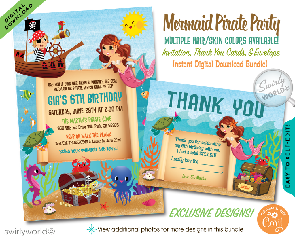 Unique "Under the Sea" Mermaid and Pirate Birthday Party Invitation Digital Download