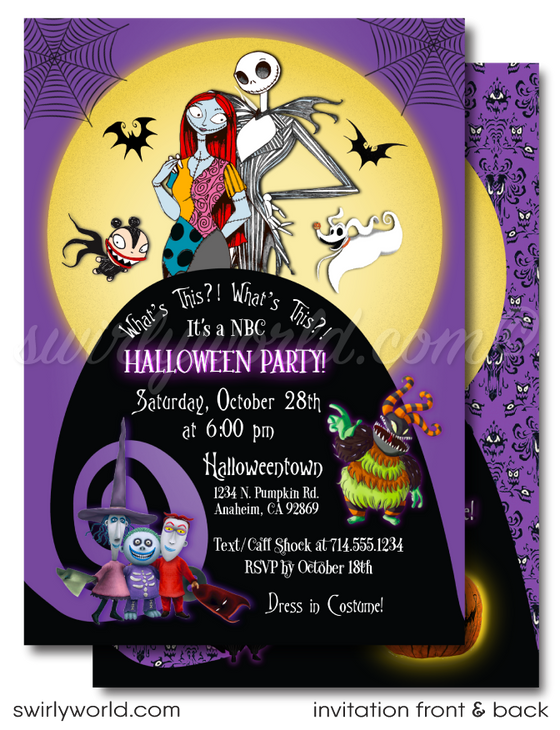 Elevate your Halloween party with our premium printed Nightmare Before Christmas invitations! Featuring Jack Skellington, Sally, and Oogie Boogie, these high-quality invitations and matching envelopes will set the perfect eerie tone for your event. Make your NBC-themed celebration unforgettable with these stunning invites!