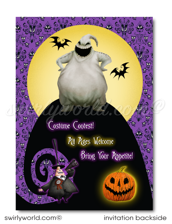 Elevate your Halloween party with our premium printed Nightmare Before Christmas invitations! Featuring Jack Skellington, Sally, and Oogie Boogie, these high-quality invitations and matching envelopes will set the perfect eerie tone for your event. Make your NBC-themed celebration unforgettable with these stunning invites!