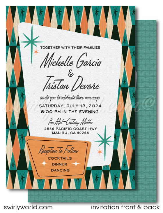 Step back in time with our exclusive and original 1950s-1960s Mad Men-style atomic wedding invitation set. This digital download encapsulates the quintessential mid-century modern aesthetic, featuring a classic diamond-shaped pattern complemented by atomic-influenced starbursts and retro-inspired typography.