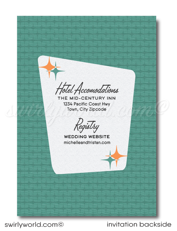 Step back in time with our exclusive and original 1950s-1960s Mad Men-style atomic wedding invitation set. This digital download encapsulates the quintessential mid-century modern aesthetic, featuring a classic diamond-shaped pattern complemented by atomic-influenced starbursts and retro-inspired typography.