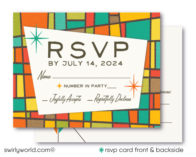 This elegant & swanky 1960s mid-century modern wedding invitation and RSVP card features a chic MCM retro mod Palm Springs Mad Men aesthetic with atomic-inspired colors & starbursts.