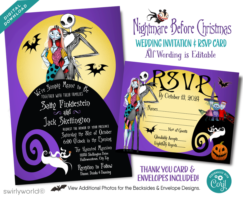 Purple Jack & Sally Skellington NBC Nightmare Before Christmas Wedding Invite RSVP Card and envelope Digital Bundle
