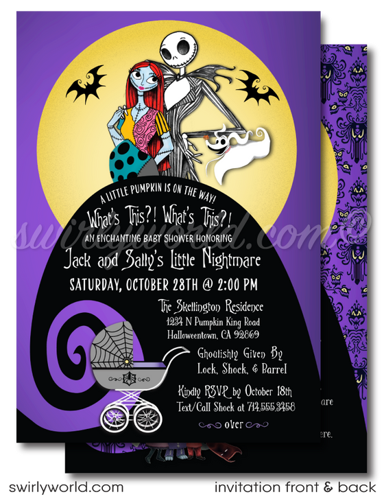 Halloween Jack and Sally Nightmare Before Christmas NBC Printed Goth Baby Shower Invites