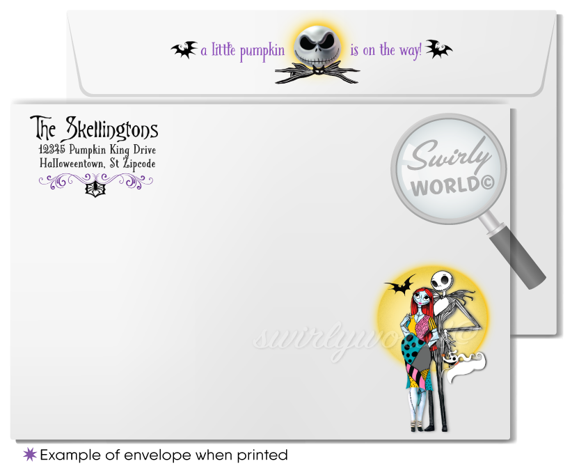Halloween Jack and Sally Nightmare Before Christmas NBC Printed Goth Baby Shower Invites and Envelopes