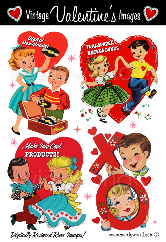 Rare collection of retro mid-century vintage Valentine's Day images featuring kitschy illustrations of cute couples with hearts and retro atomic starbursts.