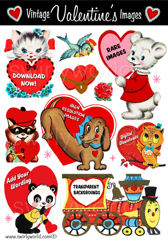A very RARE and UNIQUE collection of 1950s-1960s mid-century vintage Valentine's Day images for digital download. Cute and kitschy retro very RARE Valentine illustrations that have been digitally restored.