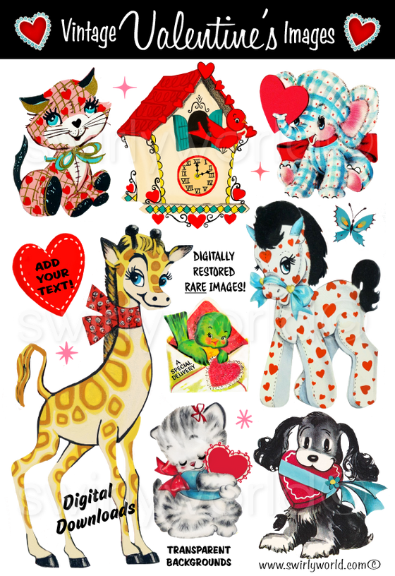 A wonderful collection of very RARE and Unusual 1950s-1960s mid-century vintage Red Heart Valentine's Day images for digital download. Cute and kitschy retro very RARE Valentine illustrations that have been digitally restored.