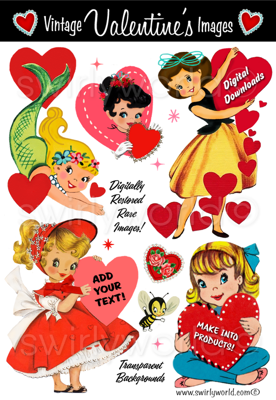 RARE 1950s-1960s Vintage Kitschy MCM Mid-Century Style Valentine's Day Image Collection