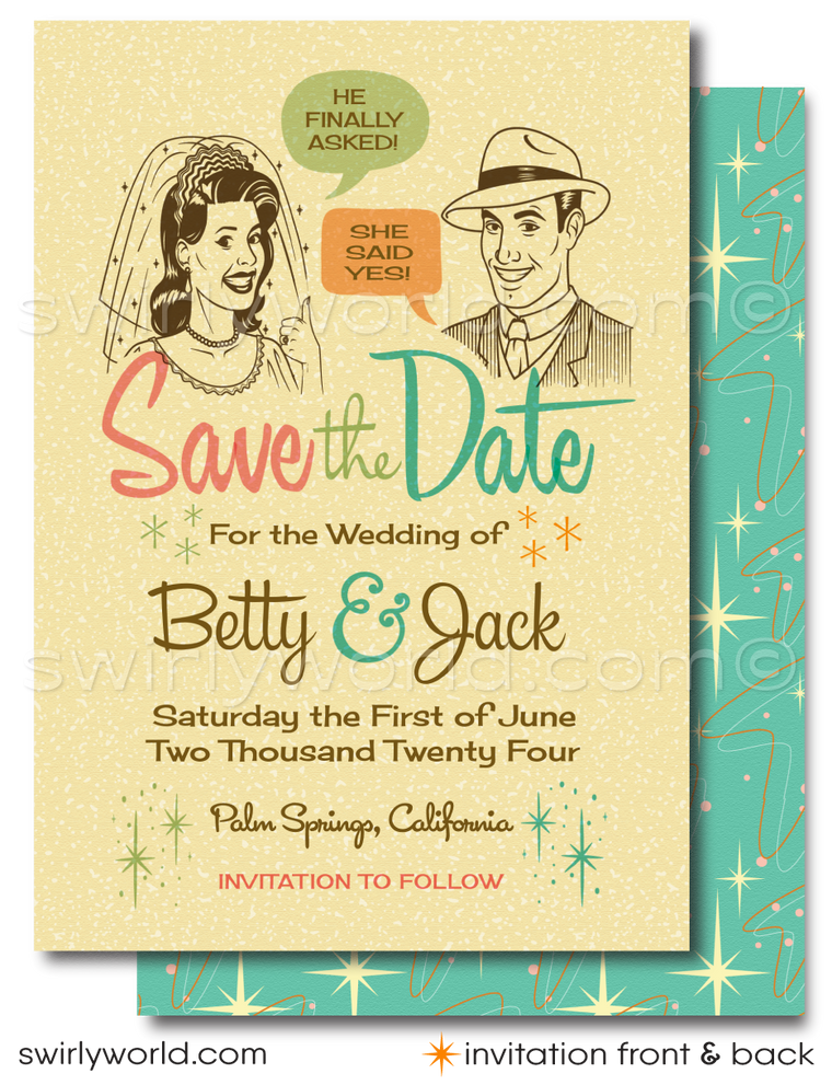 Retro Atomic Mod 1950's Save the Date Engagement Invitation Digital Download