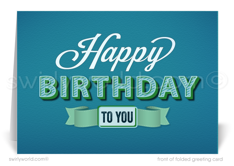 Stand out with our unique Happy Birthday greeting card, featuring vintage-style handwritten lettering in soothing blue and green colors. Choose between a traditional folded card or a budget-friendly flat card. Printed on thick card stock with matching envelopes included. Upgrade to customized envelopes with your logo for a professional touch. Perfect for gender-neutral celebrations.