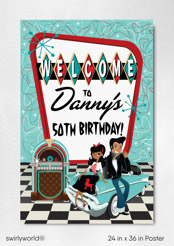 Retro 1950s MCM Rockabilly Diner Vintage Car Welcome Poster Digital Download