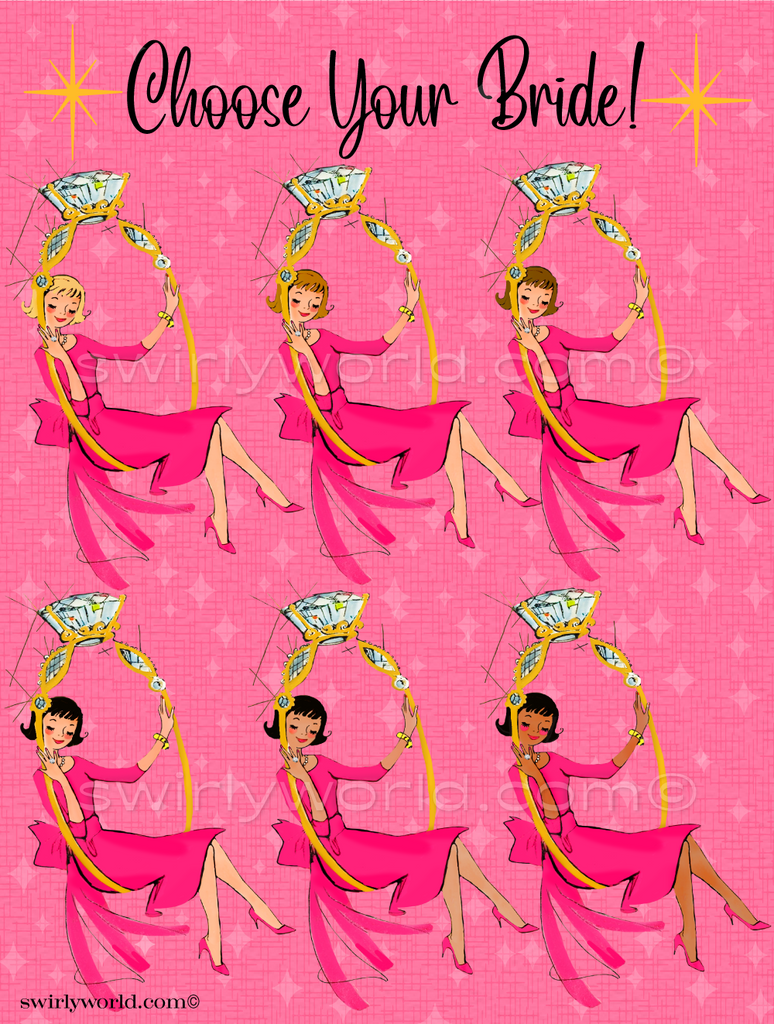 Retro Mid-Century Vintage Pink & Yellow Pin-Up Girl Swinging from Engagement Ring Bridal Shower Digital Invitations