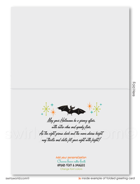 Retro MCM Happy Halloween Greeting Cards - Eichler-Inspired Monsters & Cocktails Design