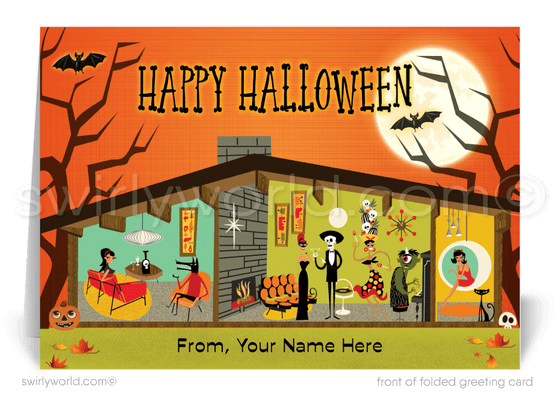 Retro MCM Happy Halloween Greeting Cards - Eichler-Inspired Monsters & Cocktails Design