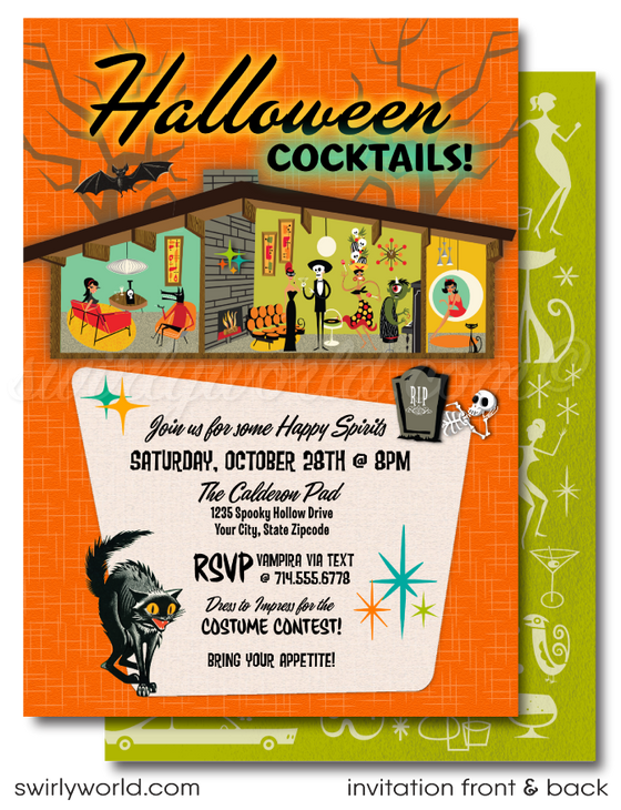 Retro Mod Eichler Mid-Century Modern Adult Halloween Cocktail Party Printed Invitations