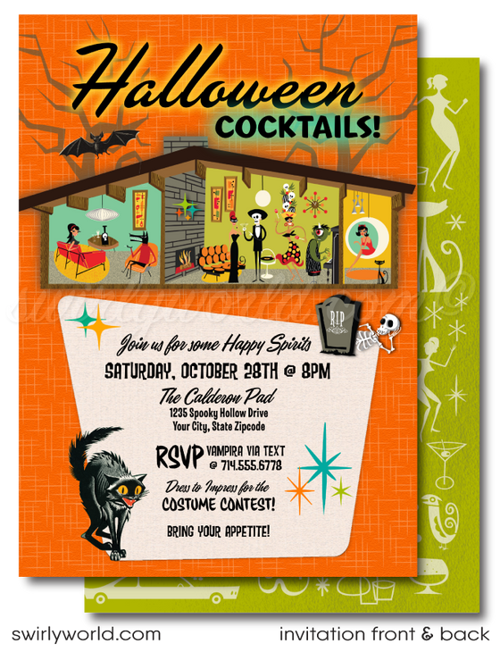 Throw an unforgettable "Boos and Booze" party with our Retro-Shag inspired Halloween invitation! Featuring an iconic Eichler mid-century modern home with vibrant retro-style monsters, this bold design is easy to customize. We’ll print on high-quality card stock and ship to your door for a stylish celebration!