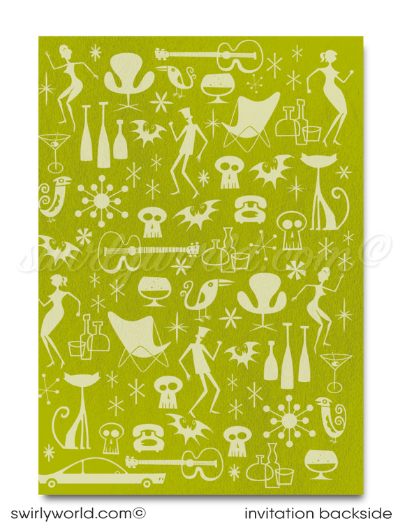 Throw an unforgettable "Boos and Booze" party with our Retro-Shag inspired Halloween invitation! Featuring an iconic Eichler mid-century modern home with vibrant retro-style monsters, this bold design is easy to customize. We’ll print on high-quality card stock and ship to your door for a stylish celebration!