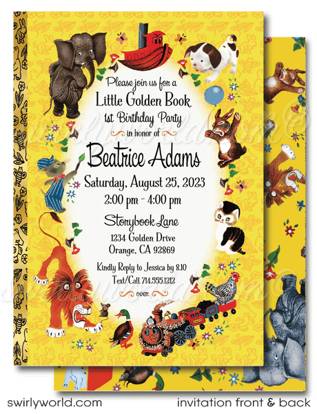 Vintage Little Golden Book 1st Birthday Invitation Set